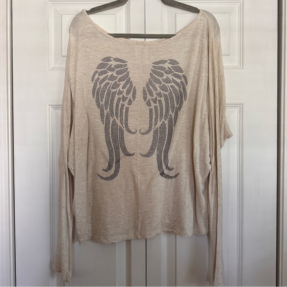 Beige Long Sleeve Top with Angel Wing Design - Picture 1 of 10